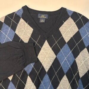 Brooks Brothers 346 Men's L Argyle V-Neck Merino Wool Sweater Blue Gray Classic